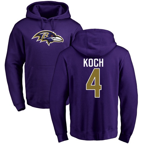Men Baltimore Ravens Purple Sam Koch Name and Number Logo NFL Football #4 Pullover Hoodie Sweatshirt